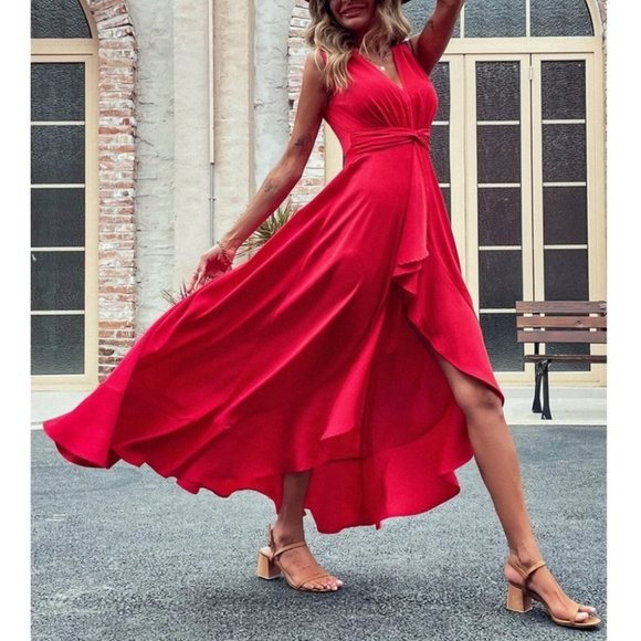 RED High Low Hem Twist Waist Maxi Dress - Picture 2 of 8